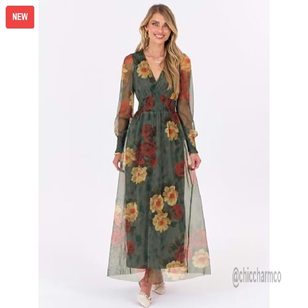 Flowy Maxi Dress with Puff Sleeves V-Neck Long Sleeve Wedding Guest - Picture 4 of 8